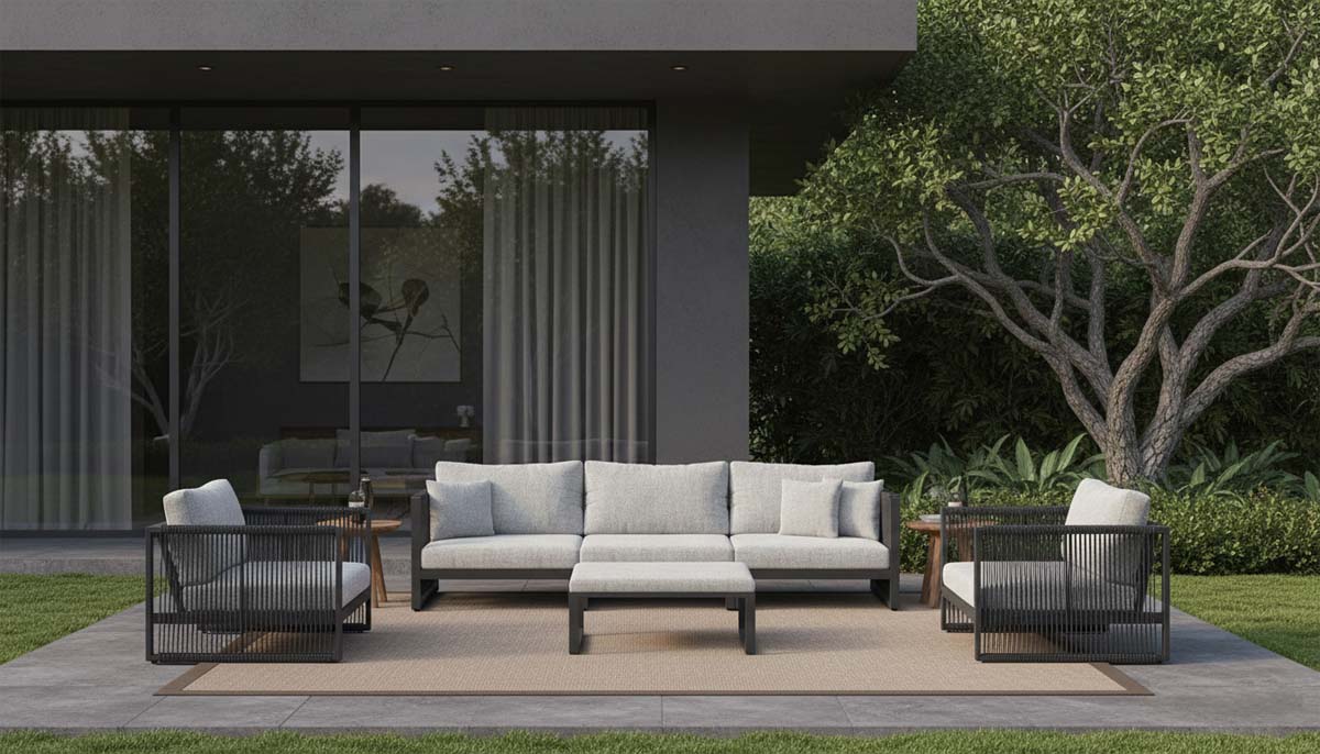 Zahradní sedací souprava Modern5 Rope moderní venkovní sedací souprava v kombinaci hliníku a rope vlákna