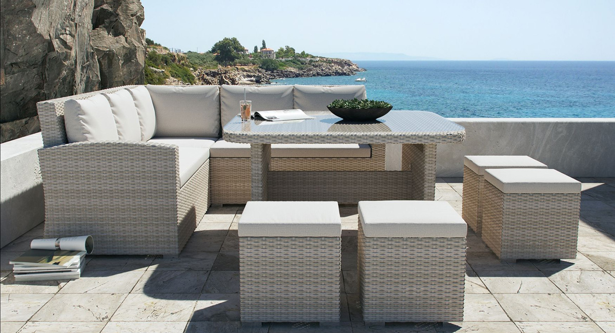 luxusní zahradní nábytek rohová sedačka s jídelním stolem