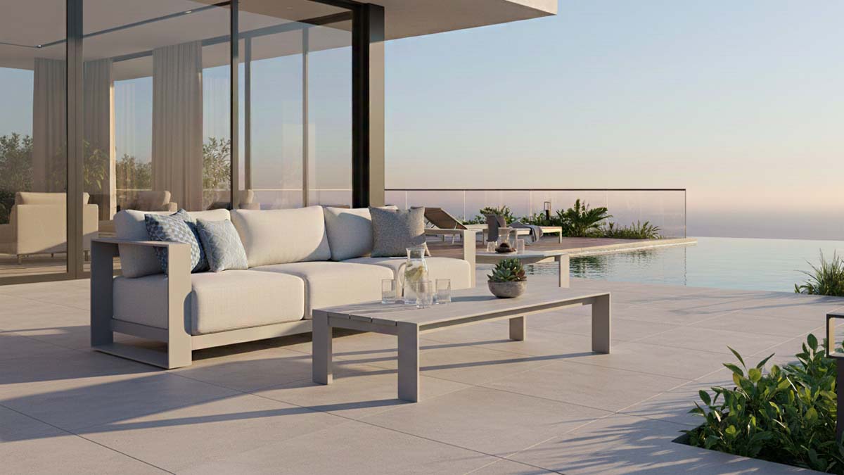 Mimořádně pohodlná zahradní pohovka s konferenčním stolkem v šedé taupe Sonoma3