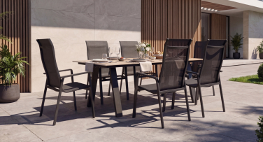Designový zahradní jídelní set Guardia6 s velkým stolem z umělého dřeva a hliníku