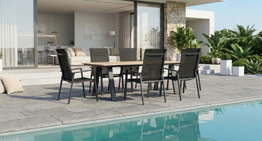 Designový zahradní jídelní set Guardia6 s velkým stolem z umělého dřeva a hliníku