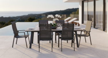 Designový zahradní jídelní set Guardia6 s velkým stolem z umělého dřeva a hliníku