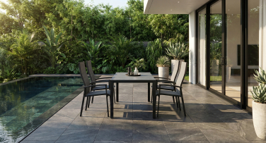 Luxusní Zahradní jídelní souprava Acco6 s výsuvným stolem 160-210 cm a pohodlnými stohovatelnými zahradními židlemi