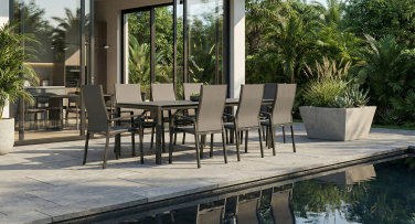 Luxusní zahradní jídelní set rozkladacím stolem a polohovatelnými křesly Acco8