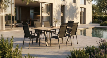 Designový zahradní jídelní set Guardia6 s velkým stolem z umělého dřeva a hliníku