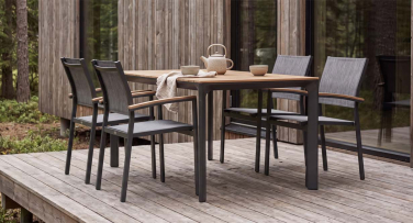 Zahradní jídelní souprava Nordica4 Polywood kombinace hliniku a polywoodu v desgnu teaku