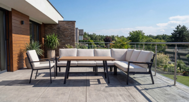 Luxusní a odolný zahradní nábytek sedací souprava s vysokým jídelním stolem Crena Corner dokonala imitace dreva