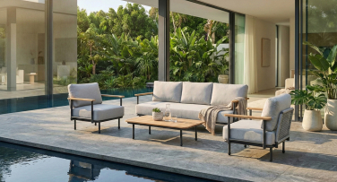 Zahradní sedací sestava Kanso – Japandi styl, Rope výplet & Polywood (Set pro 5 osob)
