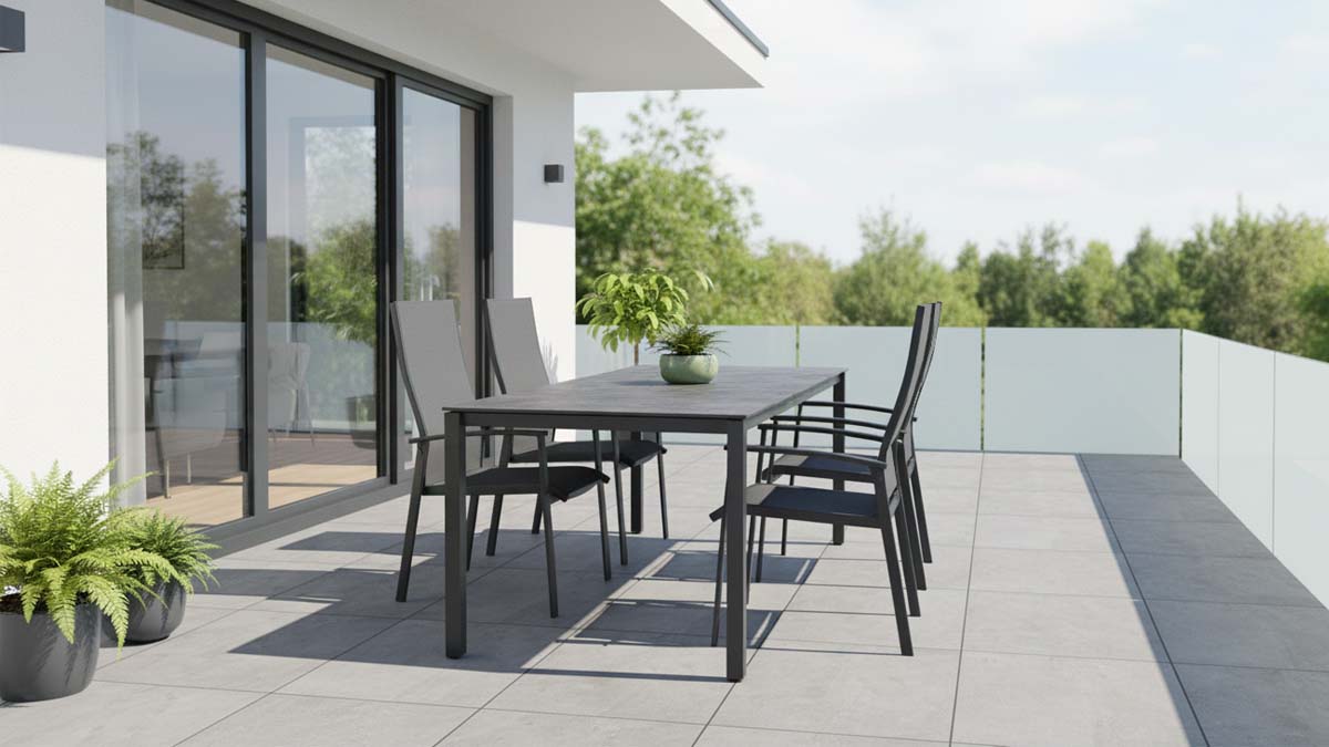 Luxusní Zahradní jídelní souprava Acco6 s výsuvným stolem 160-210 cm a pohodlnými stohovatelnými zahradními židlemi